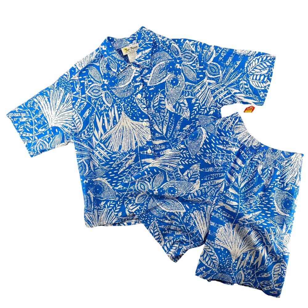Vtg NOS 80s 90s Two Potato Resortwear Matching Vacation Set Botanical Print Blue